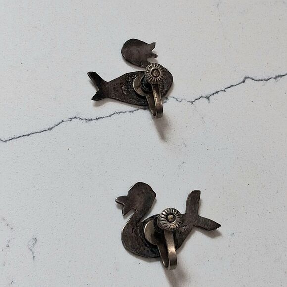 Vintage Sterling Silver Mexico Taxco Abalone Screwback Earrings Bird Duck READ - Picture 2 of 6